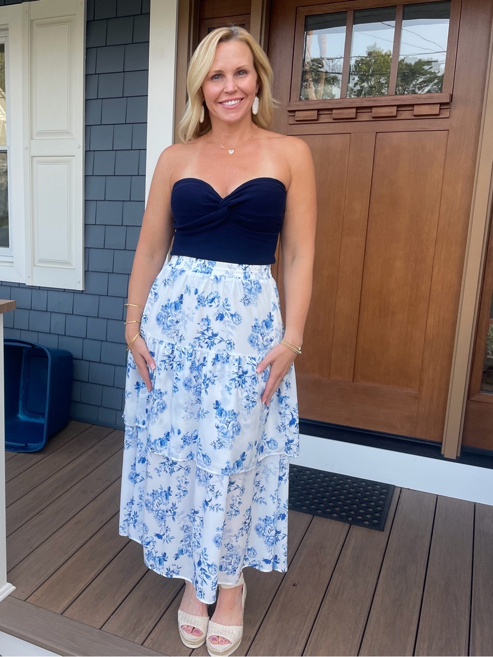 Women's Blue Floral Tiered Midi Skirt